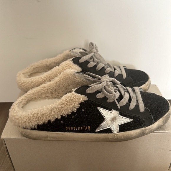 Golden Goose Black Glitter Super-Star Sabot Shearling Lined Sneakers Size 38 - Picture 2 of 8